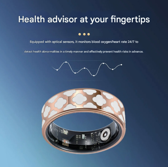 13# Striped Gold Smart Health Ring Tracker with Wireless Charging Case - Titanium Steel Fitness Wearable for Heart Rate, Sleep & Blood Oxygen Monitoring - Waterproof Wellness Device