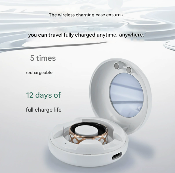 13# Striped Gold Smart Health Ring Tracker with Wireless Charging Case - Titanium Steel Fitness Wearable for Heart Rate, Sleep & Blood Oxygen Monitoring - Waterproof Wellness Device