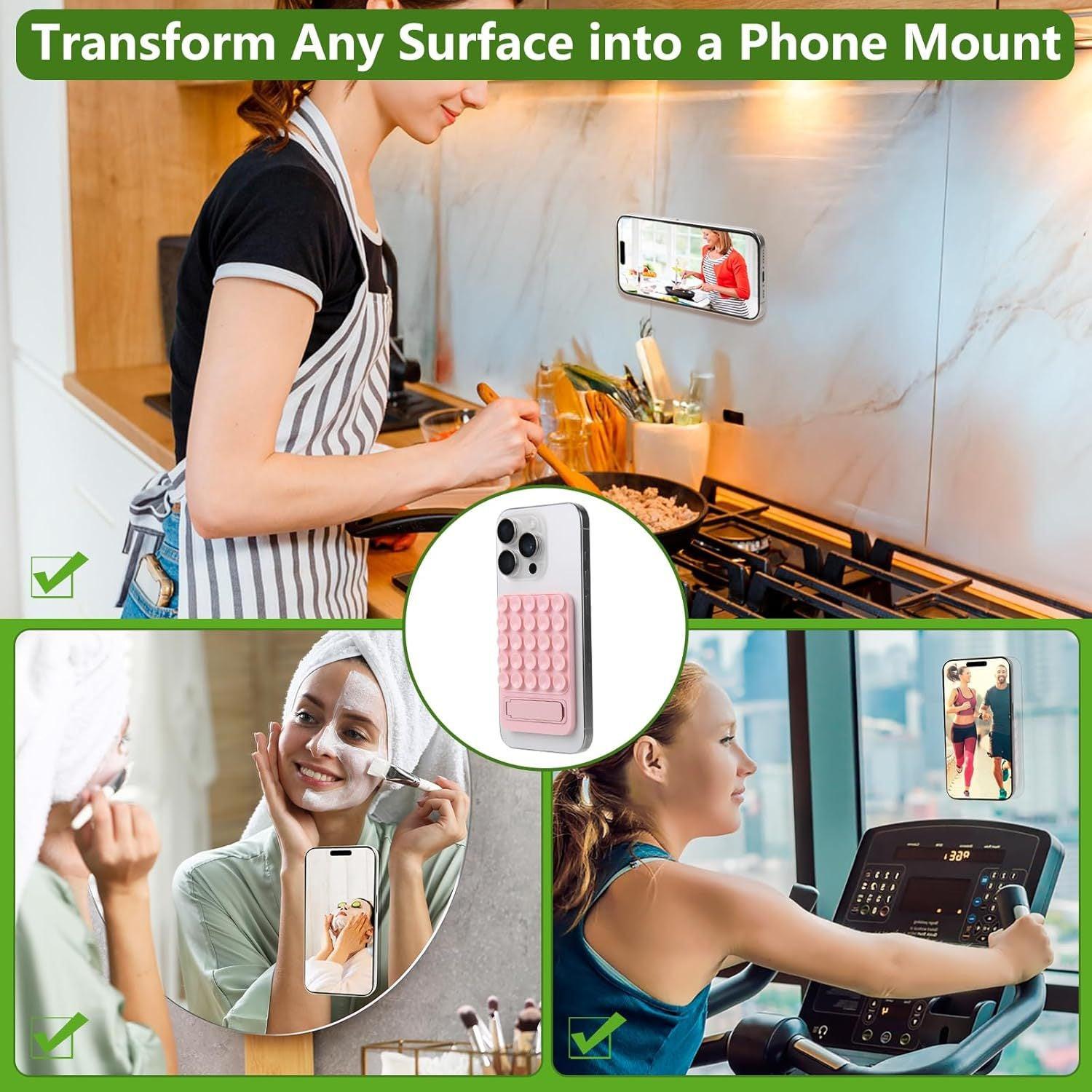 Pink 4 Pack Silicone Suction Phone Mount with Foldable Kickstand - Adhesive Sticky Grip Pad for Mirrors & Glass - 2-in-1 Hands-Free Holder for Content Creation.