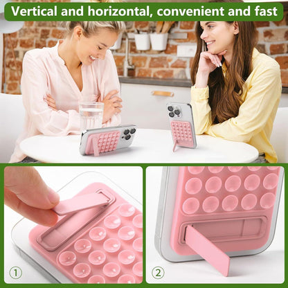 Pink 4 Pack Silicone Suction Phone Mount with Foldable Kickstand - Adhesive Sticky Grip Pad for Mirrors & Glass - 2-in-1 Hands-Free Holder for Content Creation.