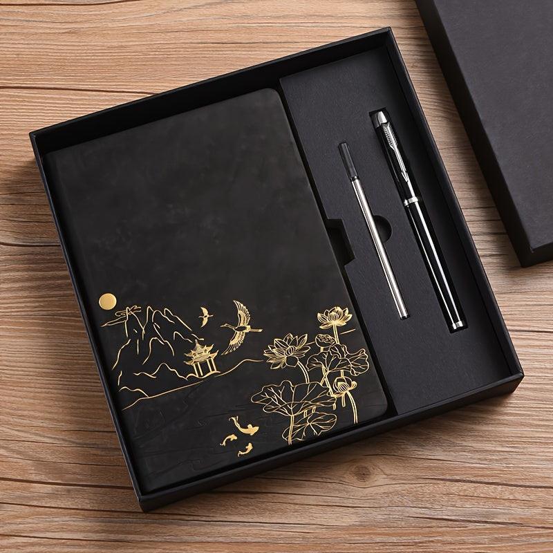 Black A5 Premium Notebook Gift Set with Pen - Red PU Leather Journal with Gold Oriental Art - 200 Pages Business Diary & Corporate Gift Box (Lotus & Crane Design).