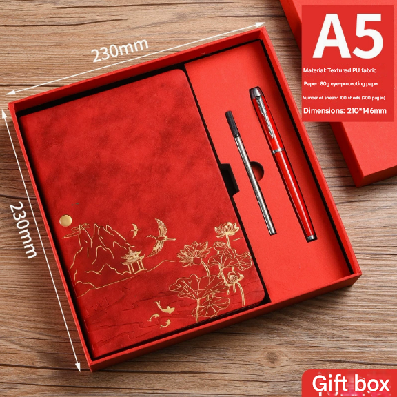 Black A5 Premium Notebook Gift Set with Pen - Red PU Leather Journal with Gold Oriental Art - 200 Pages Business Diary & Corporate Gift Box (Lotus & Crane Design).