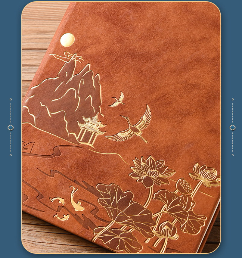 Black A5 Premium Notebook Gift Set with Pen - Red PU Leather Journal with Gold Oriental Art - 200 Pages Business Diary & Corporate Gift Box (Lotus & Crane Design).