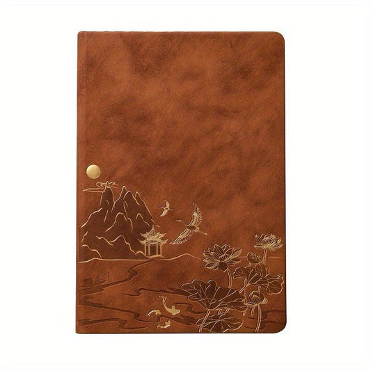 Brown A5 Premium Notebook Gift Set with Pen - Red PU Leather Journal with Gold Oriental Art - 200 Pages Business Diary & Corporate Gift Box (Lotus & Crane Design).