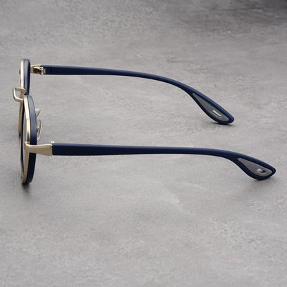 Silver Frame With Blue Rim Retro Round Sunglasses Vintage Metal & PC Frame Casual Classic Style for Men and Women - Lightweight 137mm Width