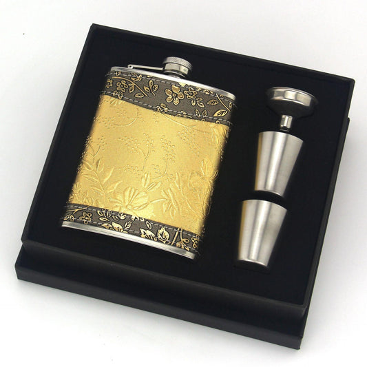 8oz Stainless Steel Hip Flask Gift Set with Elegant Floral Pattern and 2 Cups Plus Funnel for Outdoor Camping and Gifting.