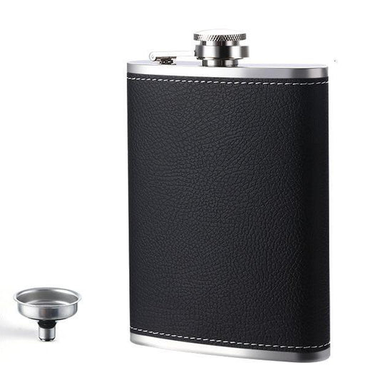 Black 8oz Stainless Steel Hip Flask with Black Lychee Grain Texture and Funnel, Portable 12.2cm Bottle for Australian Camping and Outdoors.