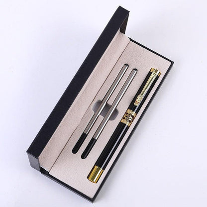 Black Two-piece Set Luxury Retro Dragon Head Signature Pen Gift Set - Full Metal 0.5mm Rollerball Each Set with 2 Spare Refills for Business and Gifting.
