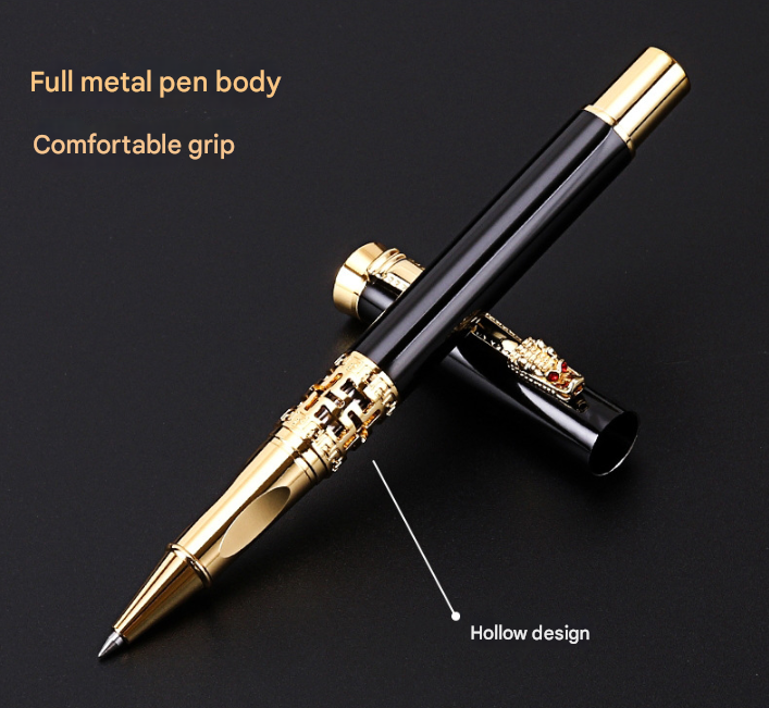 Black Two-piece Set Luxury Retro Dragon Head Signature Pen Gift Set - Full Metal 0.5mm Rollerball Each Set with 2 Spare Refills for Business and Gifting.