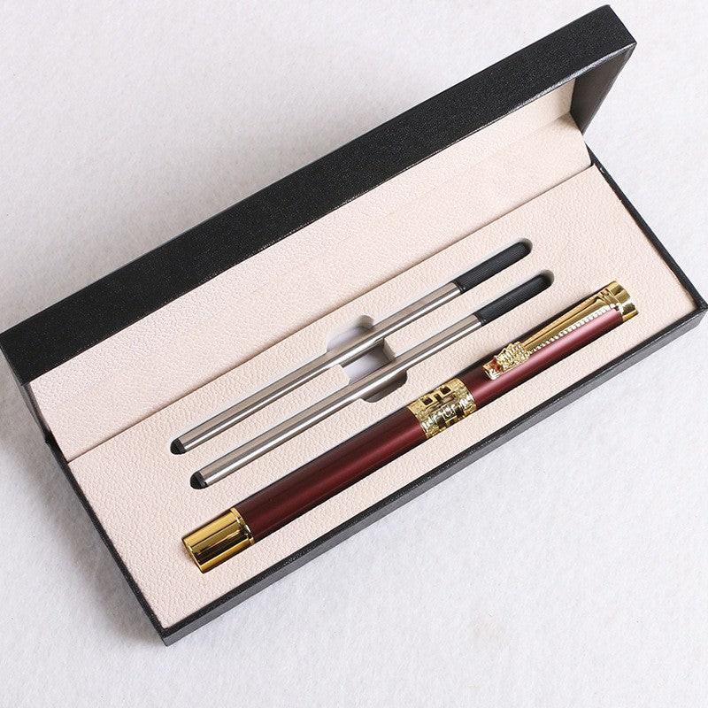 Red Two-piece Set Luxury Retro Dragon Head Signature Pen Gift Set - Full Metal 0.5mm Rollerball Each Set with 2 Spare Refills for Business and Gifting.