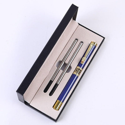 Dark Blue Two-piece Set Luxury Retro Dragon Head Signature Pen Gift Set - Full Metal 0.5mm Rollerball Each Set with 2 Spare Refills for Business and Gifting.