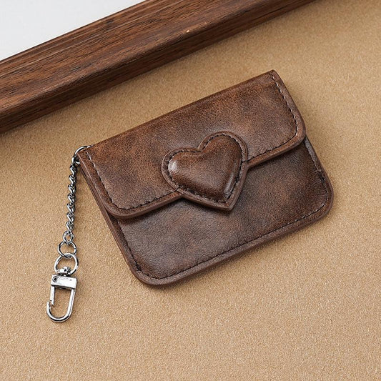 2PCS Coffee Women's Slim PU Leather Card Holder with Cute Heart Detail and Keychain Clip - Ultra Thin Portable Card Sleeve for Daily Use and Gifting.