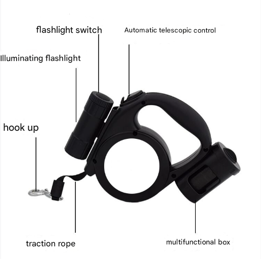 Red 3-in-1 Retractable Dog Leash with LED Flashlight and Waste Bag Dispenser 5m Nylon Lead for Dogs up to 20kg Essential Pet Walking Gear