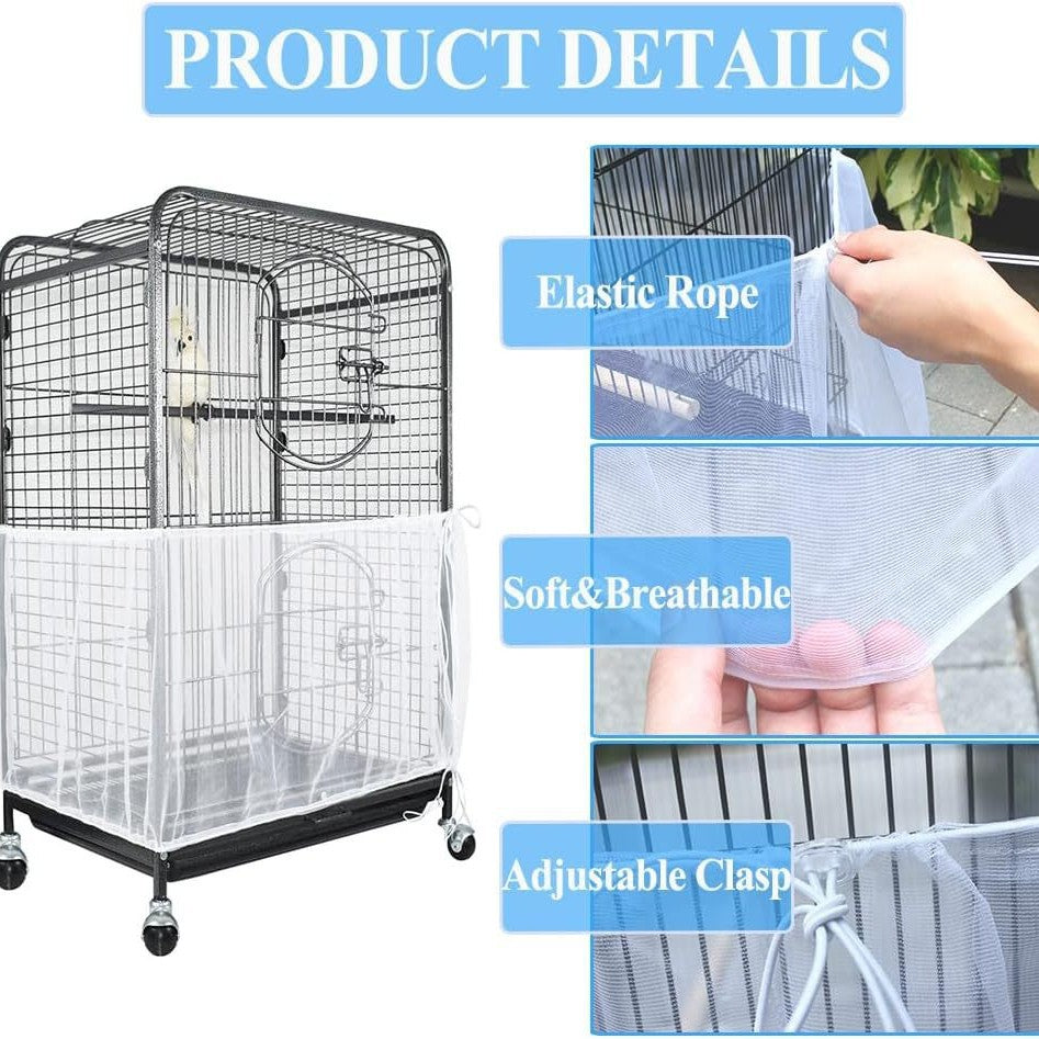 S Black【Height 17, Circumference 110】 Large Bird Cage Seed Catcher Net Cover - Adjustable Mesh Guard Splash-Proof Dust Cover for Indoor Outdoor Cages