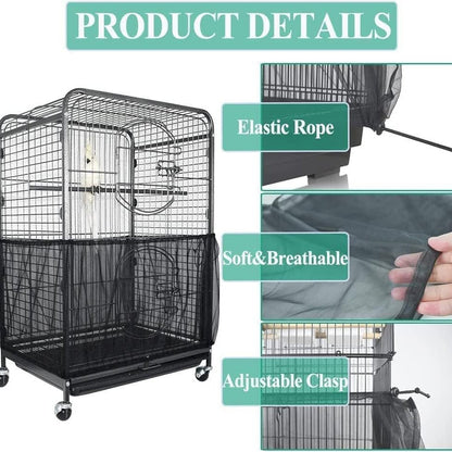XL Black【Height 37, Circumference 220】 Large Bird Cage Seed Catcher Net Cover - Adjustable Mesh Guard Splash-Proof Dust Cover for Indoor Outdoor Cages