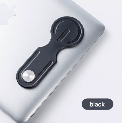 Black Magnetic Laptop Phone Holder Side Mount Expansion Bracket Slim 6mm Foldable Stand with Metal Ring for Dual Screen Work Office Setup.