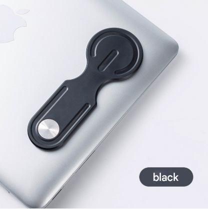 Black Magnetic Laptop Phone Holder Side Mount Expansion Bracket Slim 6mm Foldable Stand with Metal Ring for Dual Screen Work Office Setup.