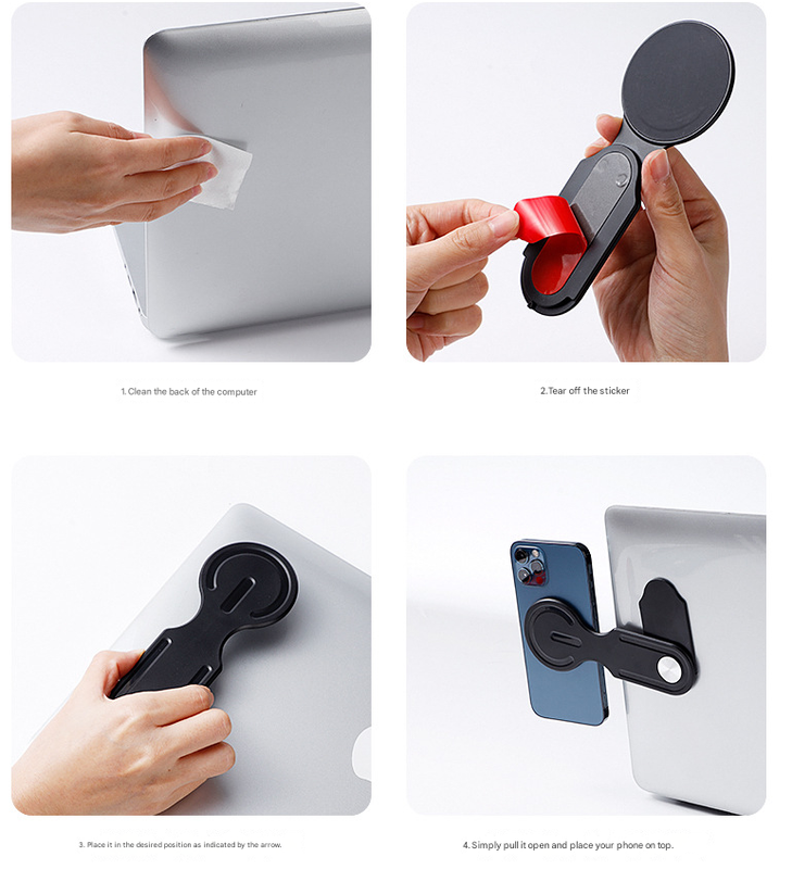 Black Magnetic Laptop Phone Holder Side Mount Expansion Bracket Slim 6mm Foldable Stand with Metal Ring for Dual Screen Work Office Setup.