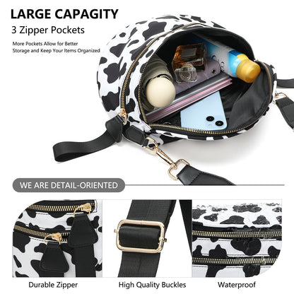 White-and-beige Checkered Pattern Women's Large Crescent Crossbody Bag Lightweight Oxford Cloth Shoulder Sling Purse Adjustable Strap for Travel Gym & Daily Use