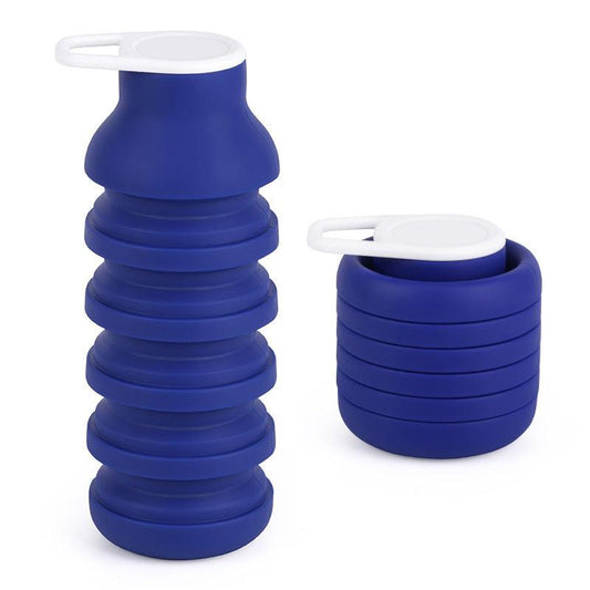 Blue Collapsible Silicone Water Bottle Portable Travel Sports Cup with Carabiner Clip Foldable Design for Camping Hiking & Gym Teal.