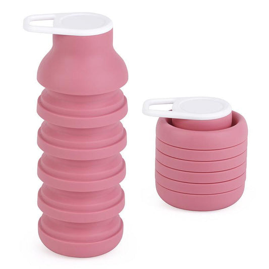 Pink Collapsible Silicone Water Bottle Portable Travel Sports Cup with Carabiner Clip Foldable Design for Camping Hiking & Gym Teal.