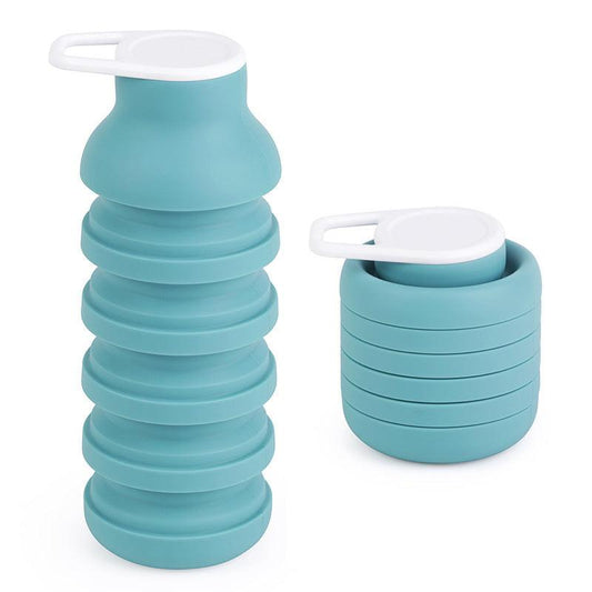 Light Blue Collapsible Silicone Water Bottle Portable Travel Sports Cup with Carabiner Clip Foldable Design for Camping Hiking & Gym Teal.