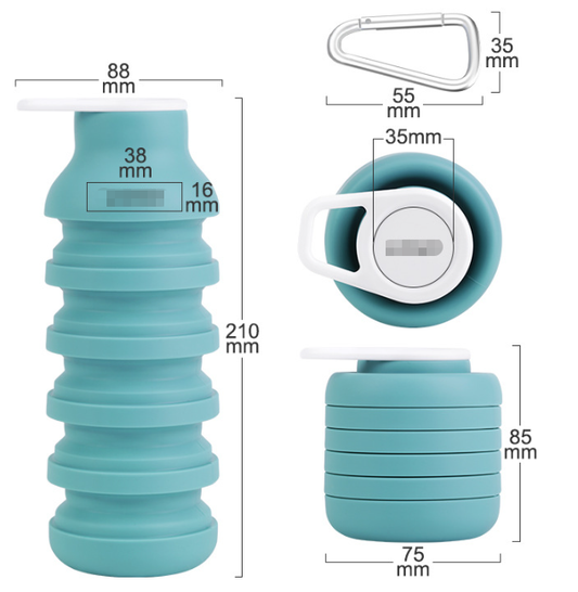 Light Blue Collapsible Silicone Water Bottle Portable Travel Sports Cup with Carabiner Clip Foldable Design for Camping Hiking & Gym Teal.