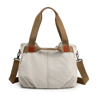 White Women's Retro Canvas Tote Bag Large Capacity Shoulder Handbag Adjustable Crossbody Strap 35cm for Travel Work & Daily Use