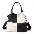 Black Women's Canvas Patchwork Tote Bag Large Capacity Shoulder Handbag Fits A4 Magazine Adjustable Crossbody Strap 34cm for Work & School