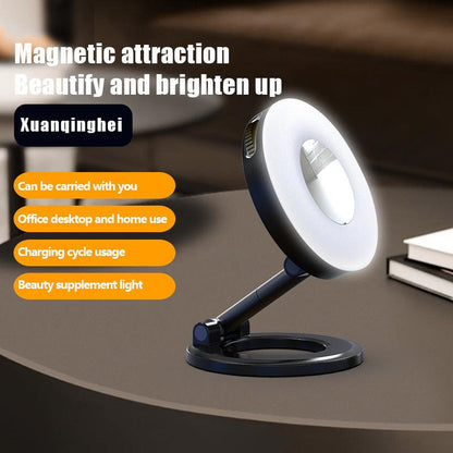 Black 2-in-1 Folding Portable Selfie Light and Magnetic Phone Stand - Vlogging Ring Light with Adjustable Kickstand, Three-Color Soft Light &  USB Rechargeable.