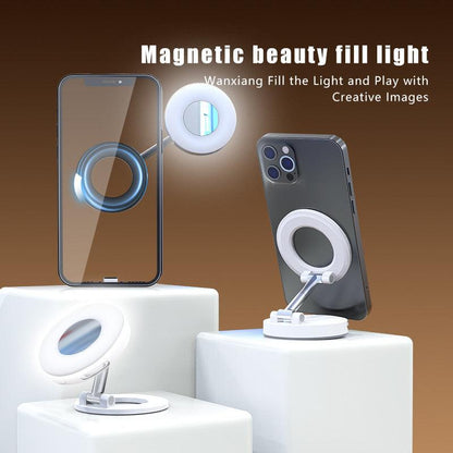 Black 2-in-1 Folding Portable Selfie Light and Magnetic Phone Stand - Vlogging Ring Light with Adjustable Kickstand, Three-Color Soft Light &  USB Rechargeable.