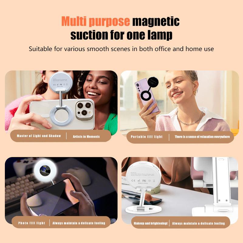 Black 2-in-1 Folding Portable Selfie Light and Magnetic Phone Stand - Vlogging Ring Light with Adjustable Kickstand, Three-Color Soft Light &  USB Rechargeable.