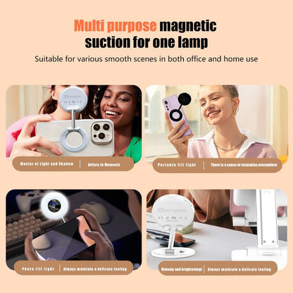 Black 2-in-1 Folding Portable Selfie Light and Magnetic Phone Stand - Vlogging Ring Light with Adjustable Kickstand, Three-Color Soft Light &  USB Rechargeable.