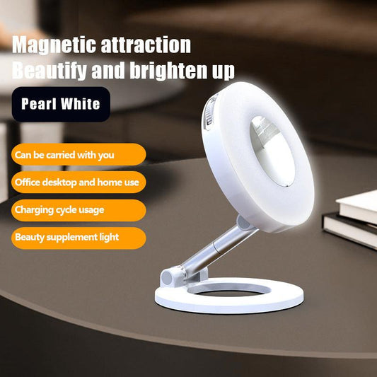 White 2-in-1 Folding Portable Selfie Light and Magnetic Phone Stand - Vlogging Ring Light with Adjustable Kickstand, Three-Color Soft Light &  USB Rechargeable.