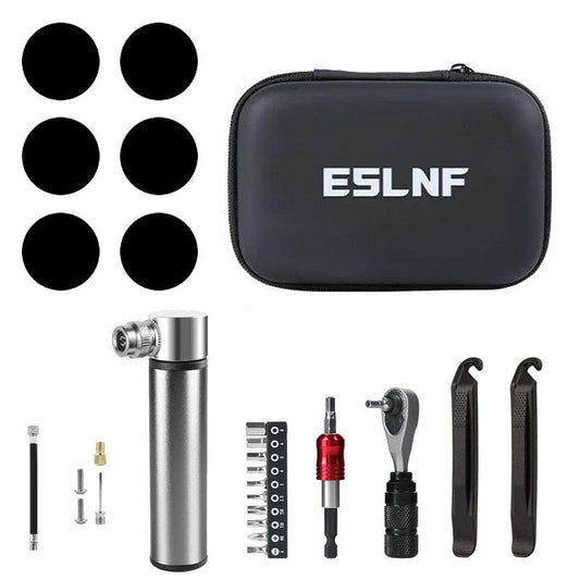 Compact Bicycle Ratchet Tool Kit With Tire Patch & Titanium Mini Pump.