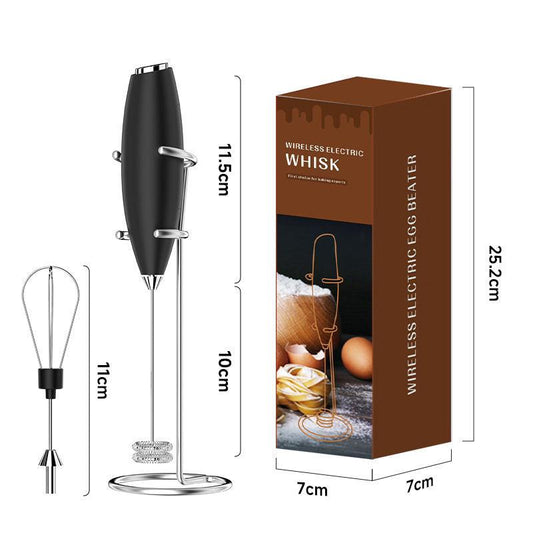 Black Battery-Powered Frother and Whisk with Stand.