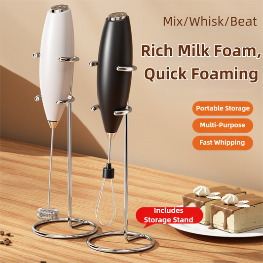 Black Battery-Powered Frother and Whisk with Stand.