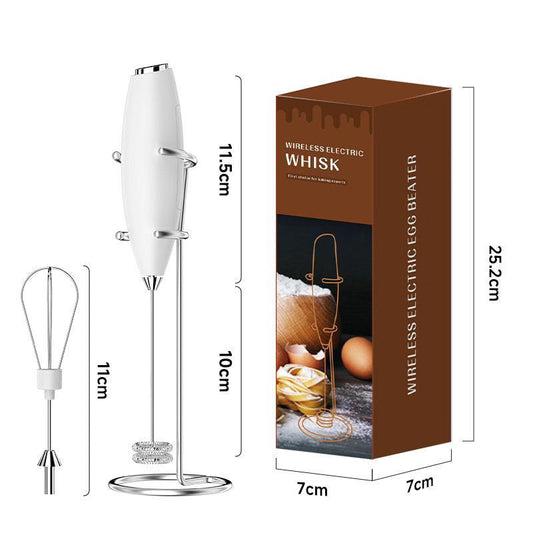 White Battery-Powered Frother and Whisk with Stand.