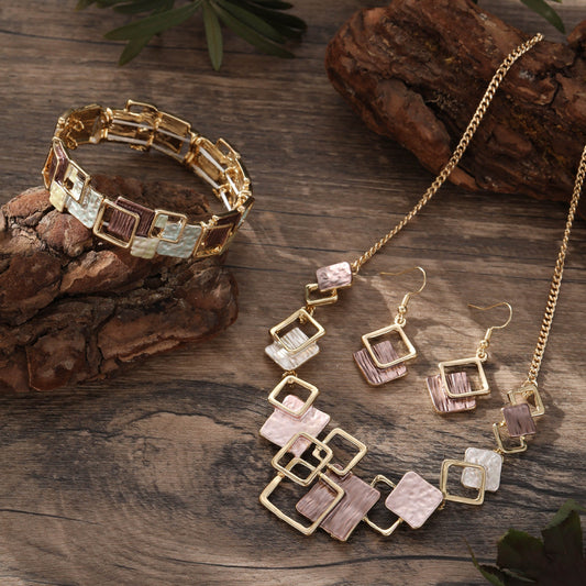Geometric Inlay Earrings Necklace Bracelet Jewelry Set × 2 – Light Green & Brown