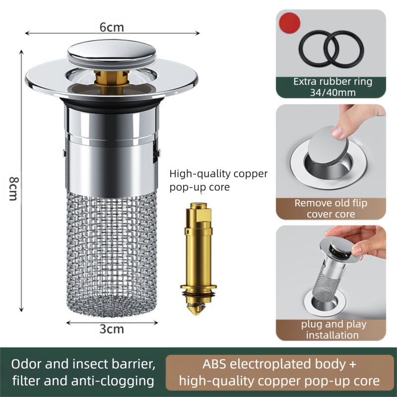 2-Pack Pop-Up Sink Stopper with Hair Catcher â Standard (34-40mm) Drain Filter,Basin Drain Filter Upgrade.