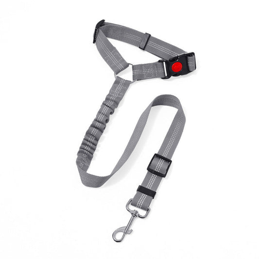 2PC Grey Adjustable Dog Car Safety Seat Belt Leash - Anti-Shock Bungee Headrest Restraint with Reflective Stitching & 316 Stainless Steel Clip