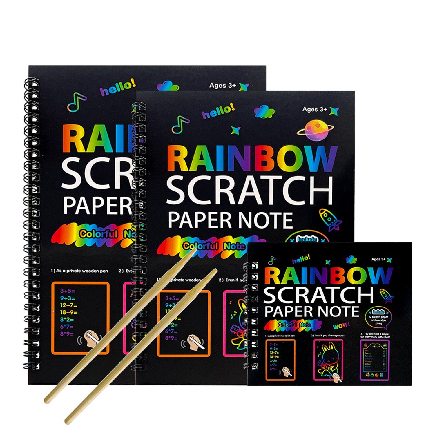 3-Pack DIY Rainbow Scratch Art Books Set - Neon Black Scratch Paper for Kids, Multi-Size (S, M, L) Creative Drawing & Fun.