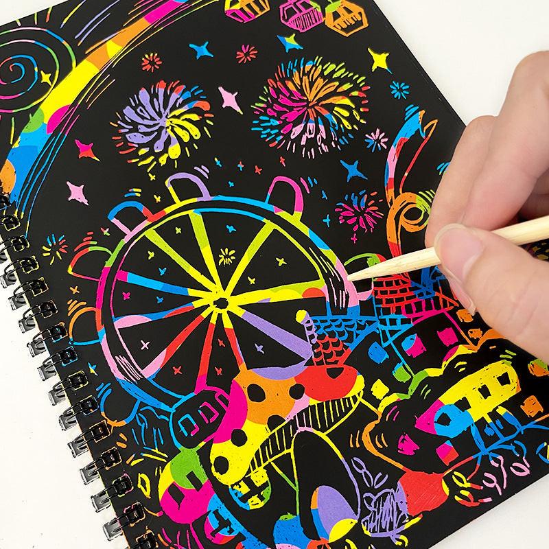 3-Pack DIY Rainbow Scratch Art Books Set - Neon Black Scratch Paper for Kids, Multi-Size (S, M, L) Creative Drawing & Fun.