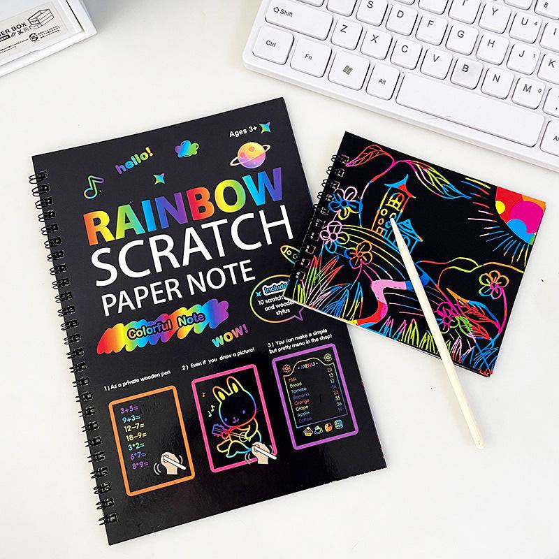 3-Pack DIY Rainbow Scratch Art Books Set - Neon Black Scratch Paper for Kids, Multi-Size (S, M, L) Creative Drawing & Fun.