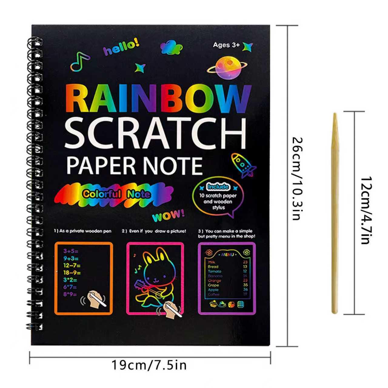 3-Pack DIY Rainbow Scratch Art Books Set - Neon Black Scratch Paper for Kids, Multi-Size (S, M, L) Creative Drawing & Fun.