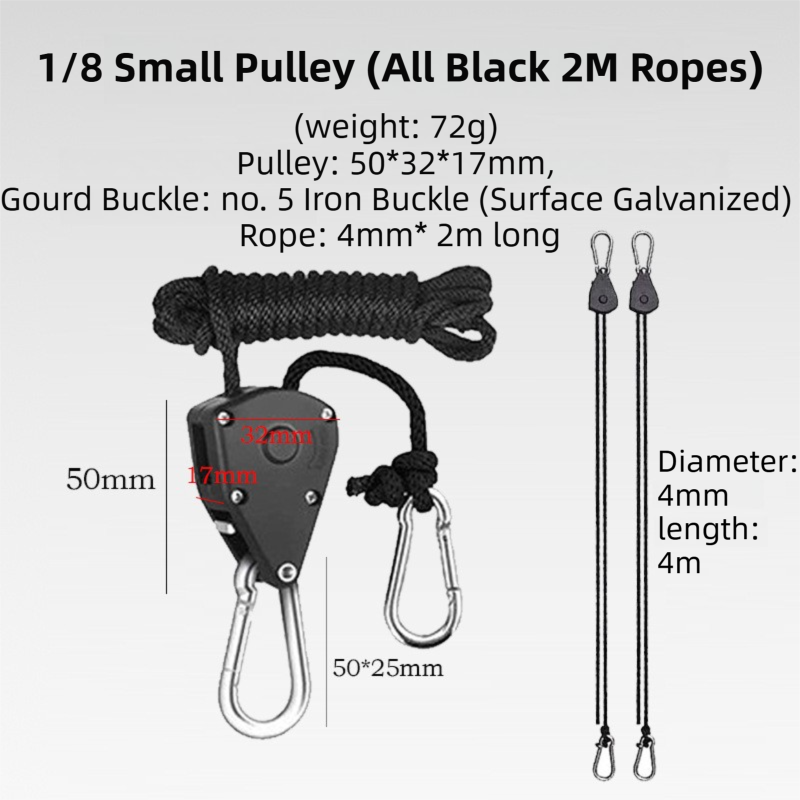 4-Pack 2M Heavy Duty Grow Light Hanger Rope Ratchet - All Black Adjustable Aluminum Pulley System - 50KG+ Load, Auto-Lock Anti-Slip for Tent & Hydroponics.