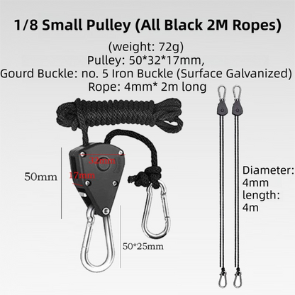 4-Pack 2M Heavy Duty Grow Light Hanger Rope Ratchet - All Black Adjustable Aluminum Pulley System - 50KG+ Load, Auto-Lock Anti-Slip for Tent & Hydroponics.