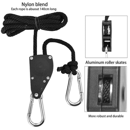 4-Pack 2M Heavy Duty Grow Light Hanger Rope Ratchet - All Black Adjustable Aluminum Pulley System - 50KG+ Load, Auto-Lock Anti-Slip for Tent & Hydroponics.