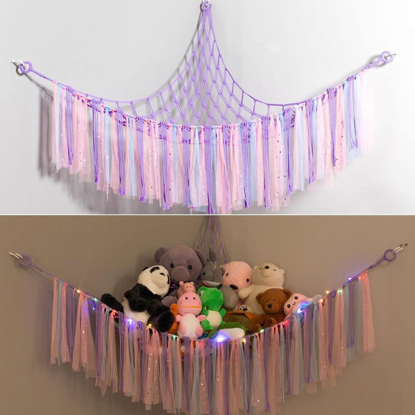 Purple Corner Plush Toy Organizer (100x100x150cm)  with Ribbon Accent & Installation Kit -  Handwoven Cotton Mesh Toy Storage Hammock.