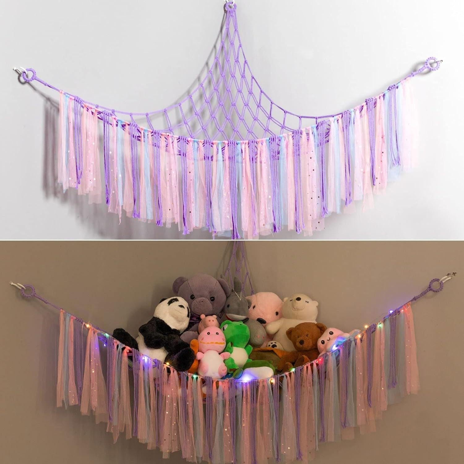Purple Corner Plush Toy Organizer (100x100x150cm)  with Ribbon Accent & Installation Kit -  Handwoven Cotton Mesh Toy Storage Hammock.